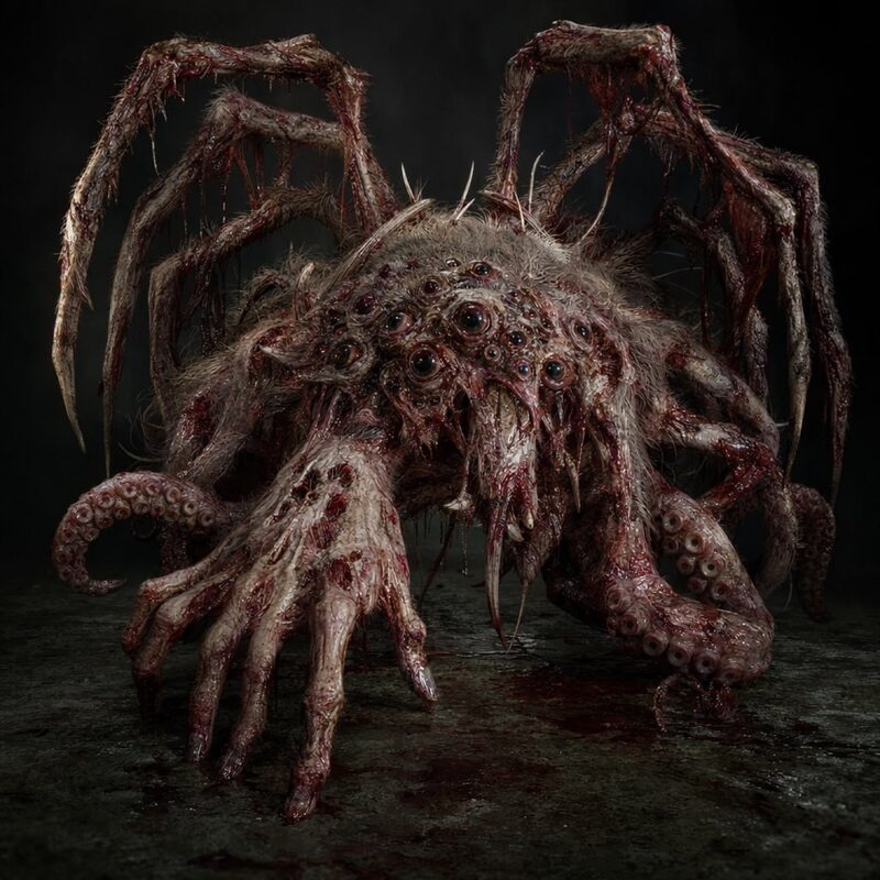 Arachnid-class parasite latched onto a victim's forearm, many eyes and clawed legs
