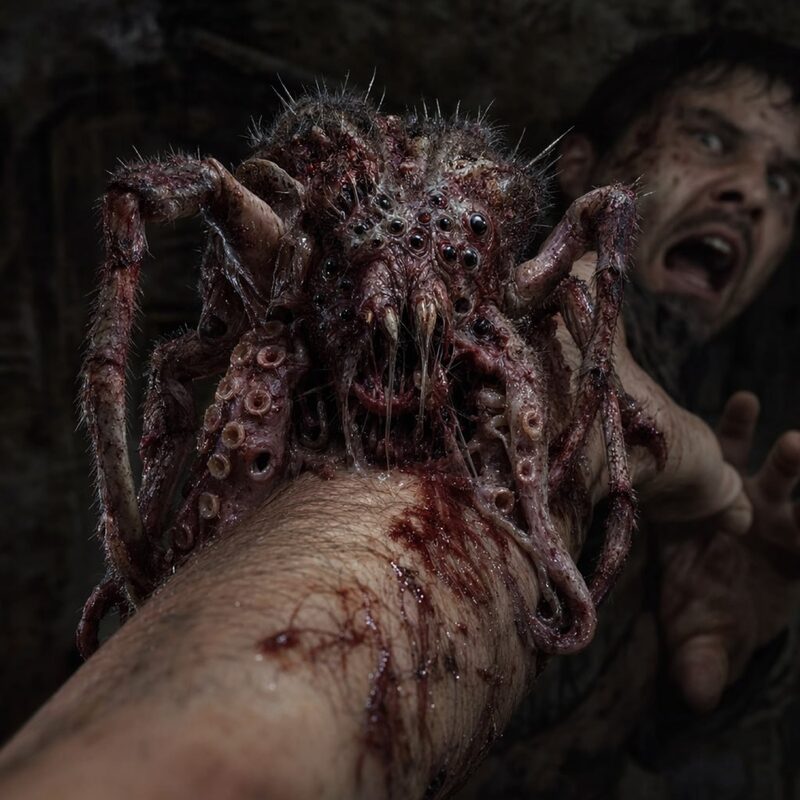 Close-up of the arachnid-class parasite's fanged, many-eyed face