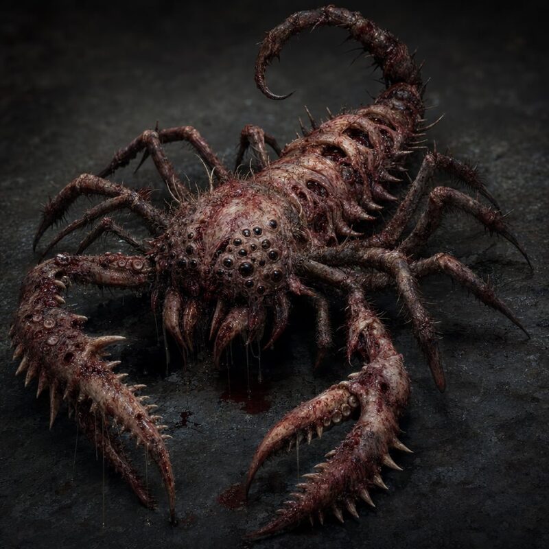 Scorpion-centipede hybrid creature crouched on a dark floor
