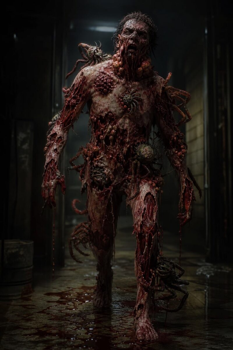 Infected host walking a dim corridor, parasites embedded across its body