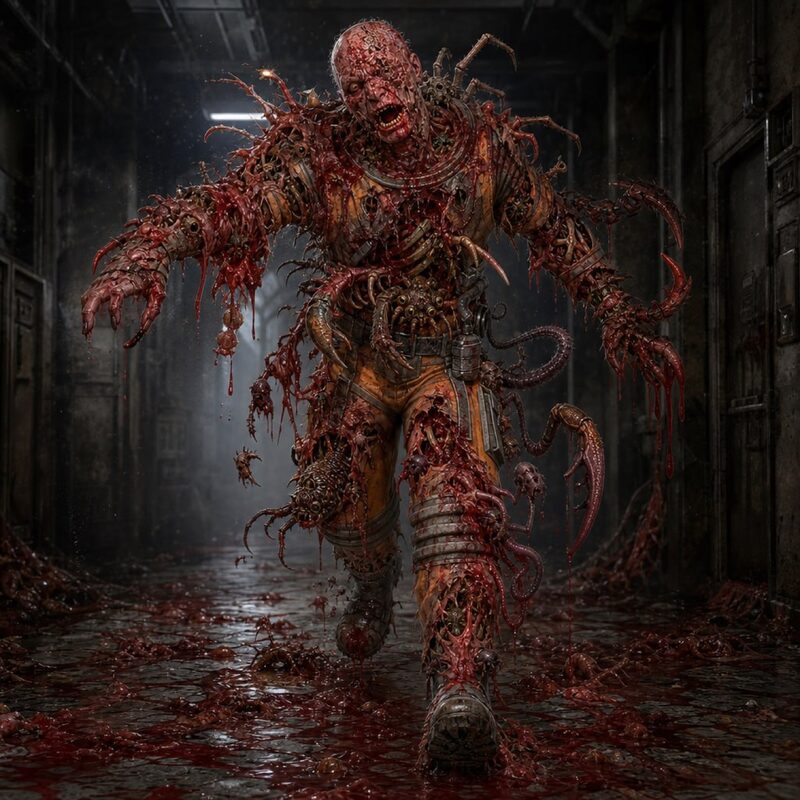 Infected crew member in a torn hazmat suit advancing down a flooded corridor