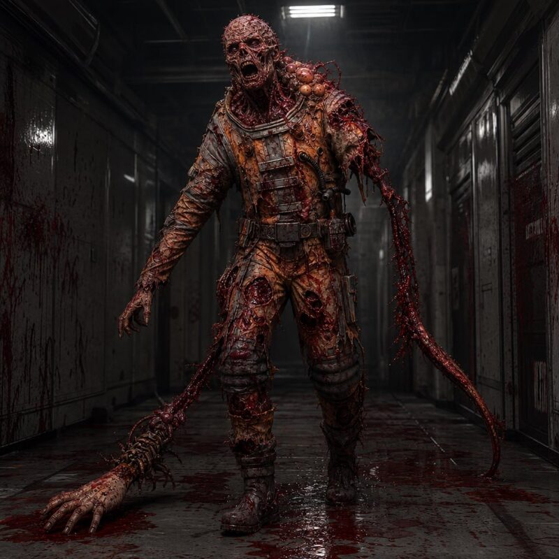 Infected crew member standing in a blood-slicked corridor, arms outstretched