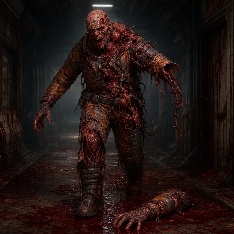 Hulking brute-class infected shedding a severed arm in a blood-slicked corridor