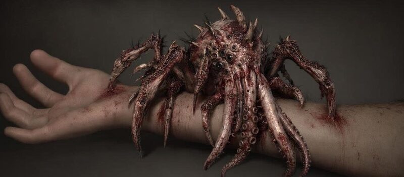 Facehugger-like parasite attached to a victim's forearm, clawed legs wrapped tight