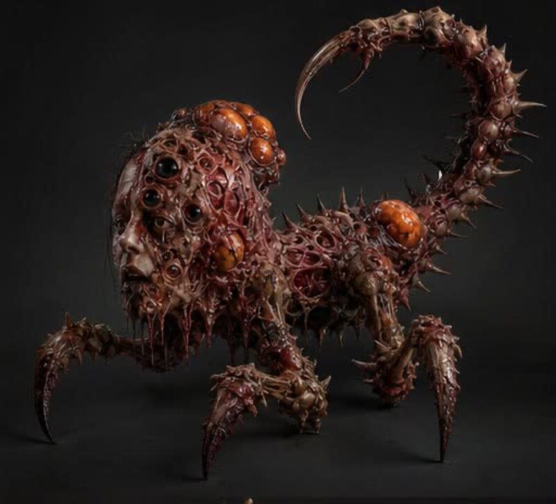 Human-faced scorpion hybrid standing on clawed legs, tail curled overhead