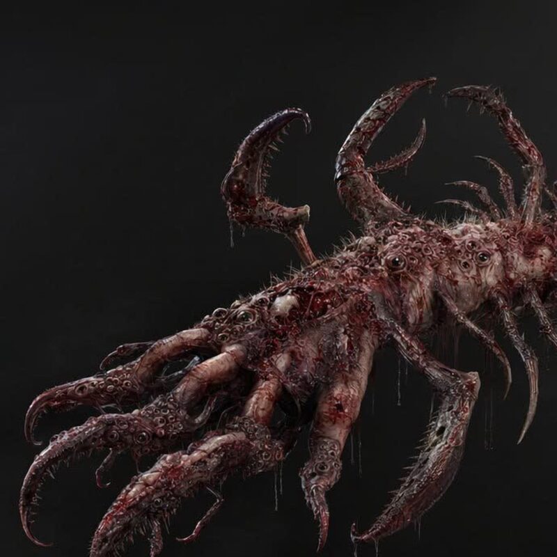 Massive myriapod creature with segmented claws crouched in darkness