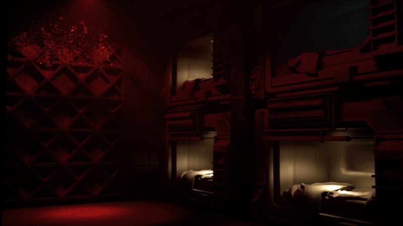 Bunks still lit warm while an emergency light burns red over the compartment