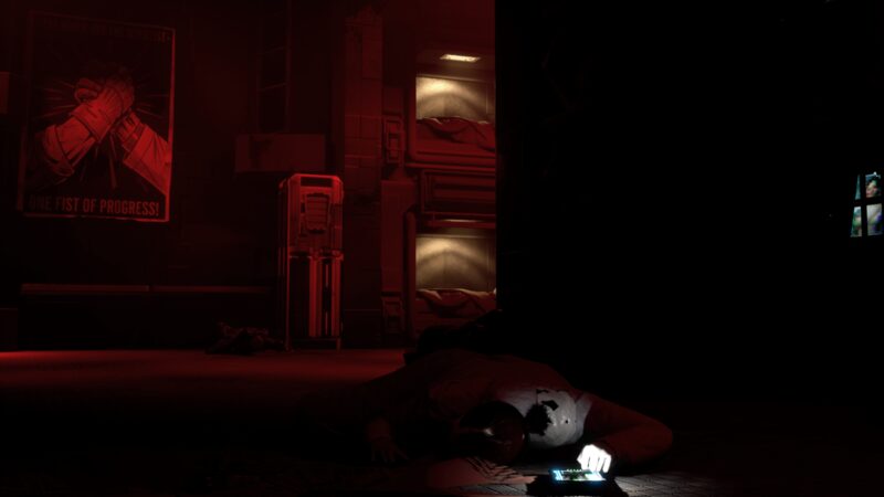 Crew berths, a propaganda poster on the wall and a dead crewman holding a lit tablet