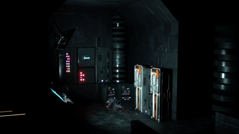 Suit lockers standing open, a body on the deck between them
