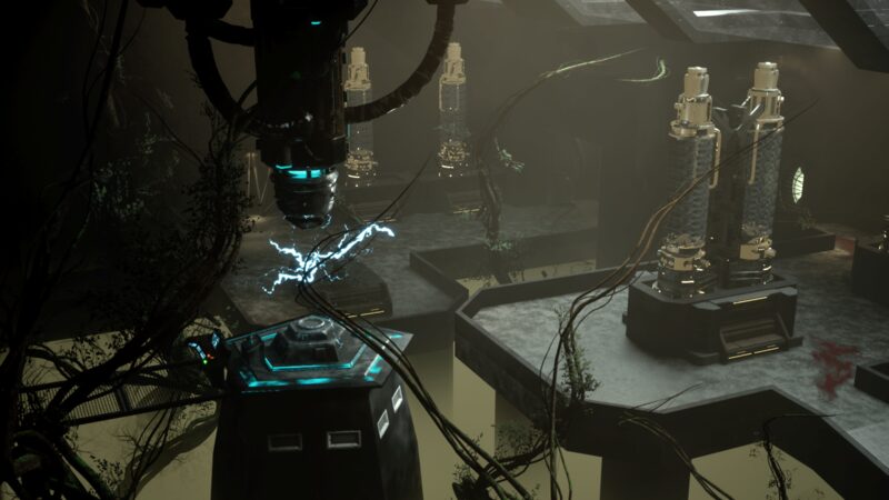 Arc discharge from a suspended rig, alien growth climbing the containment plinths