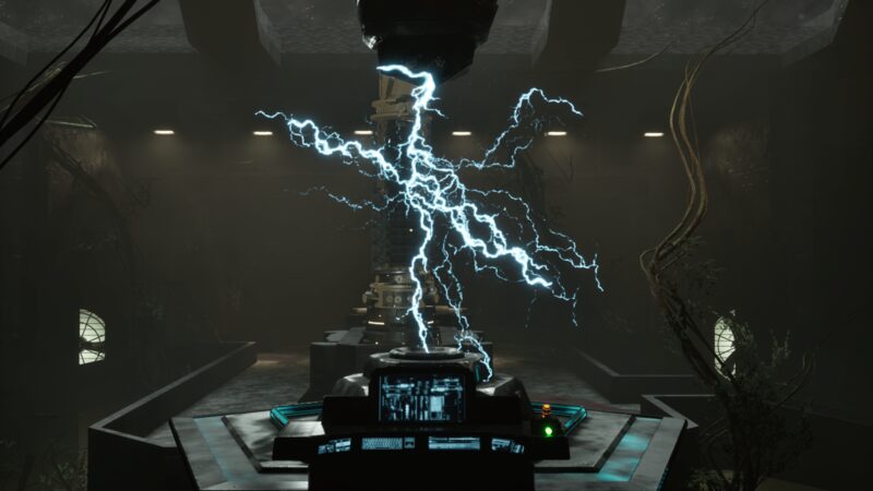 Full discharge from the artifact rig, seen head-on across the operator console